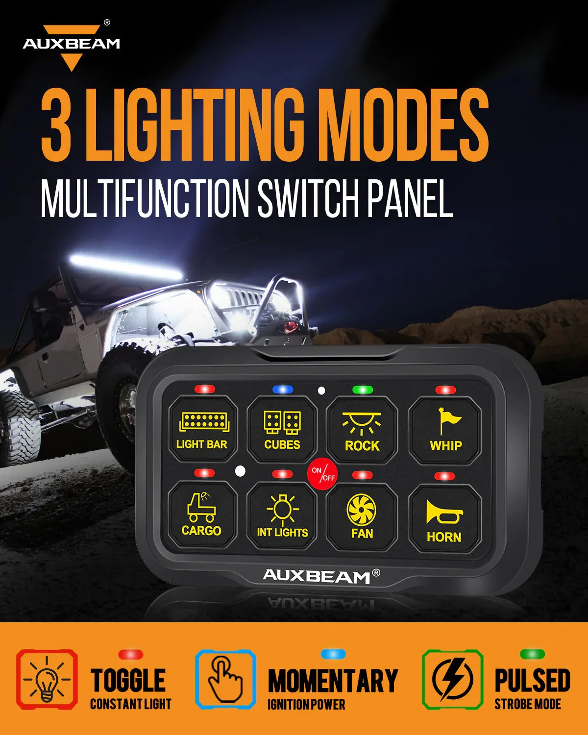 Aux Beam RA80 X2 RGB Switch Panel, Toggle/ Momentary/ Pulsed Mofe Supported Without APP