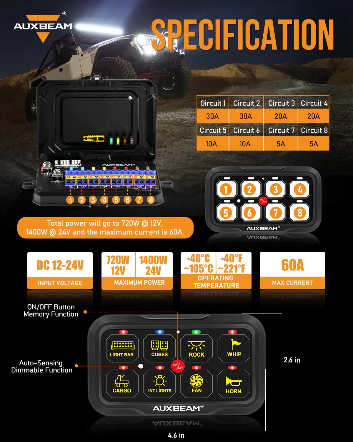 Aux Beam RA80 X2 RGB Switch Panel, Toggle/ Momentary/ Pulsed Mofe Supported Without APP