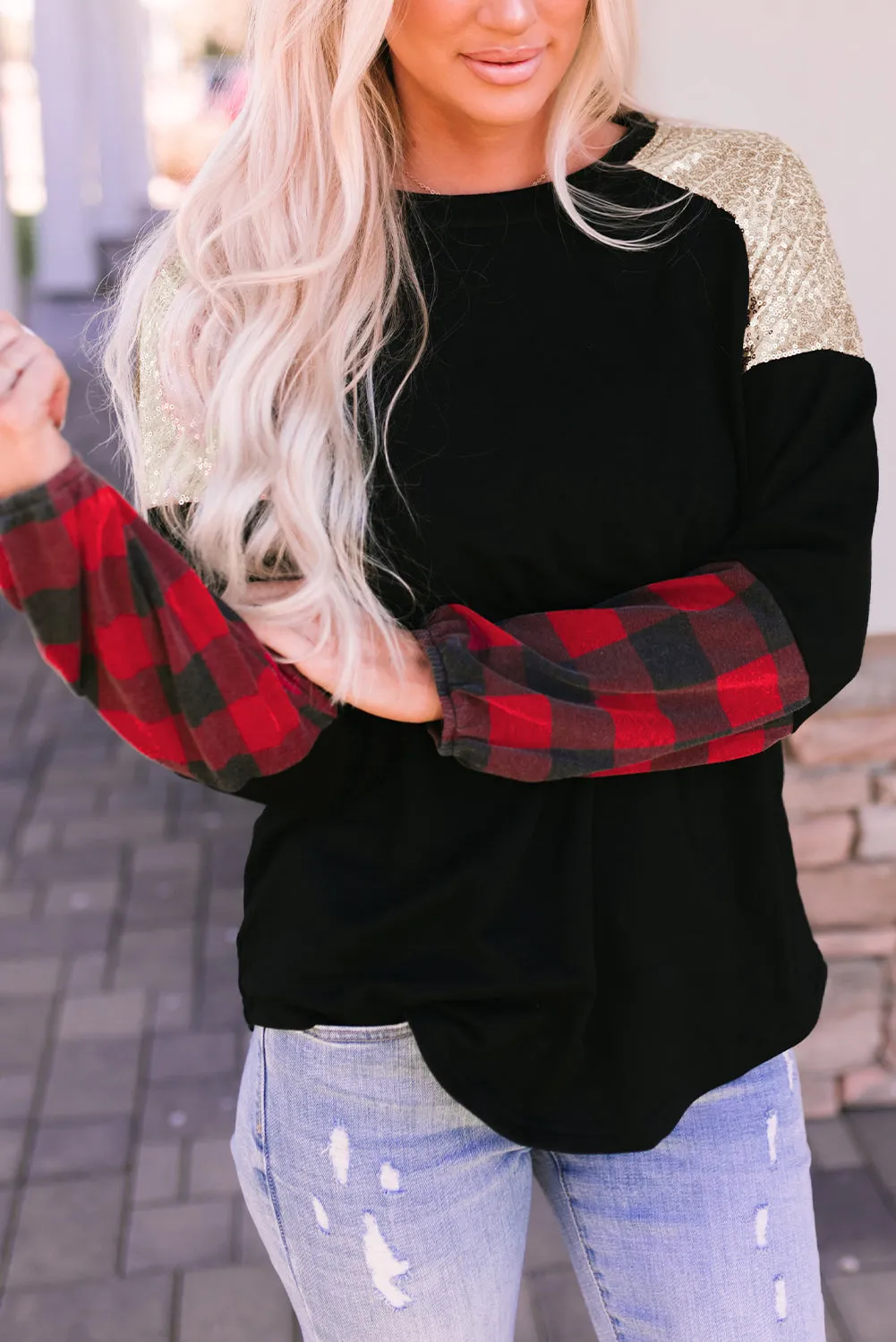 Black Crewneck Lantern Sleeve Plaid Sequin Splicing Blouse