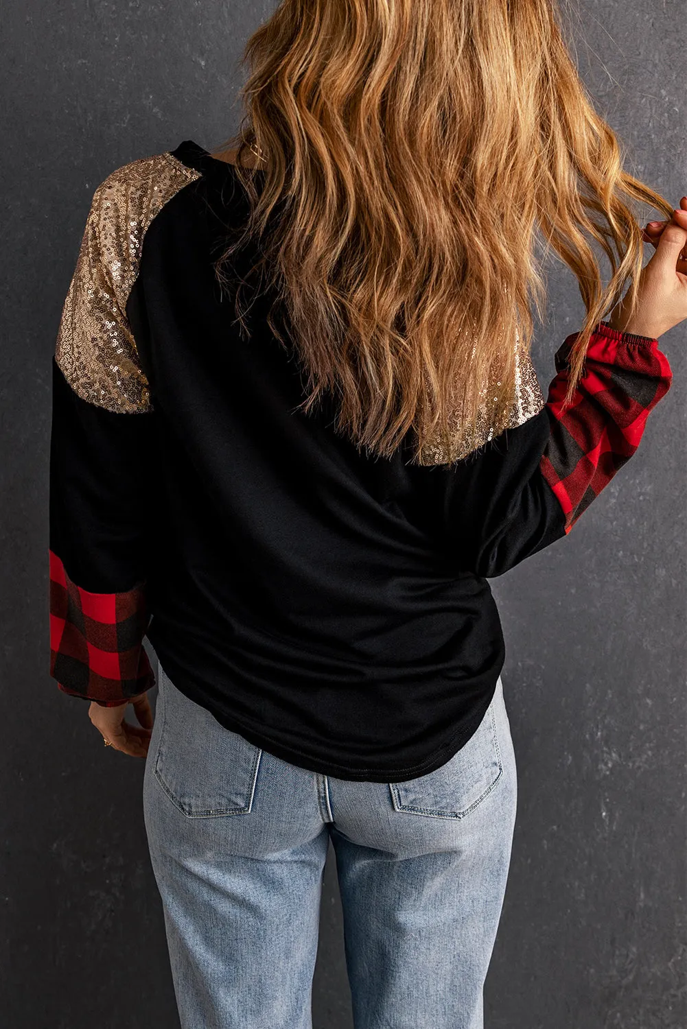 Black Crewneck Lantern Sleeve Plaid Sequin Splicing Blouse