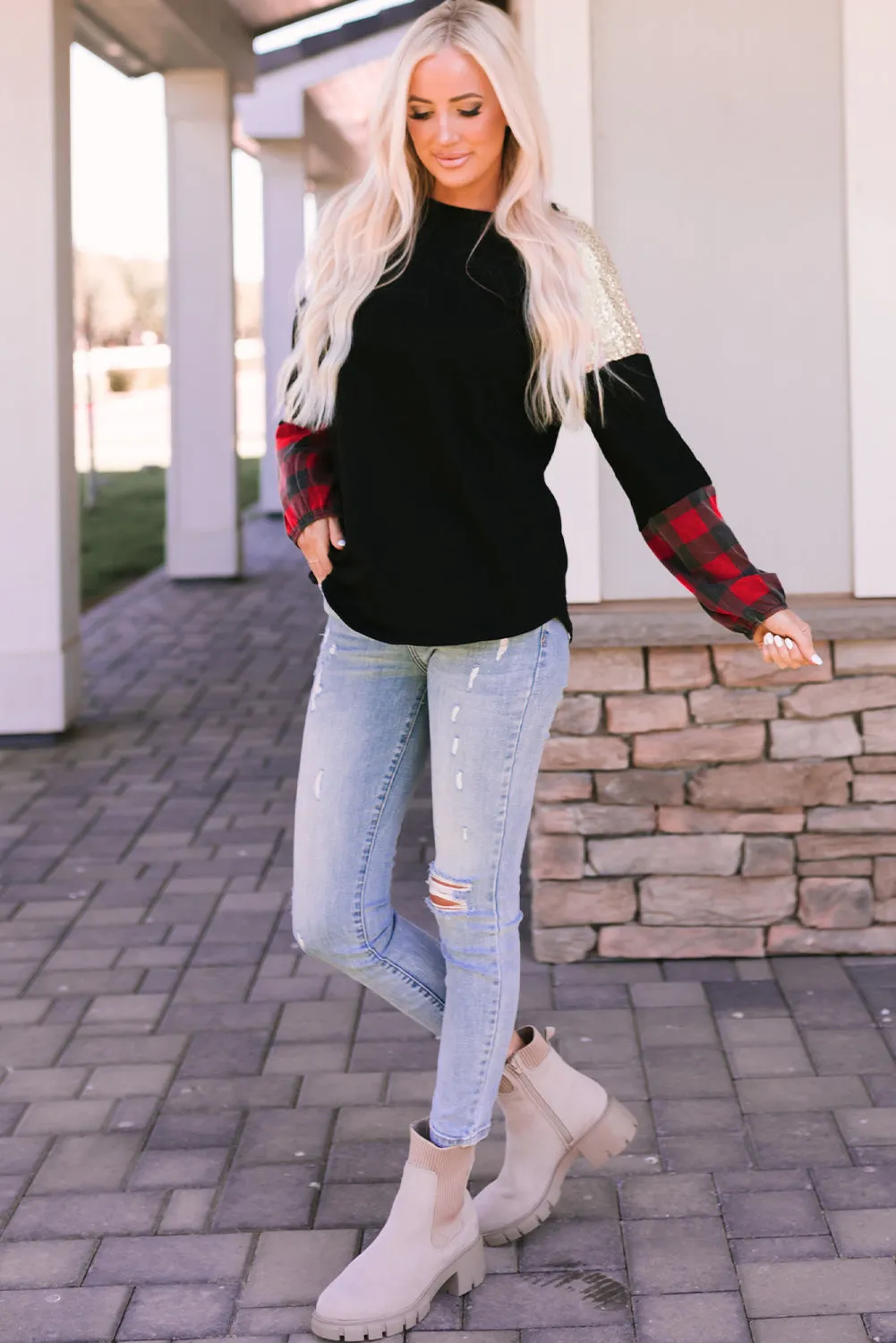 Black Crewneck Lantern Sleeve Plaid Sequin Splicing Blouse
