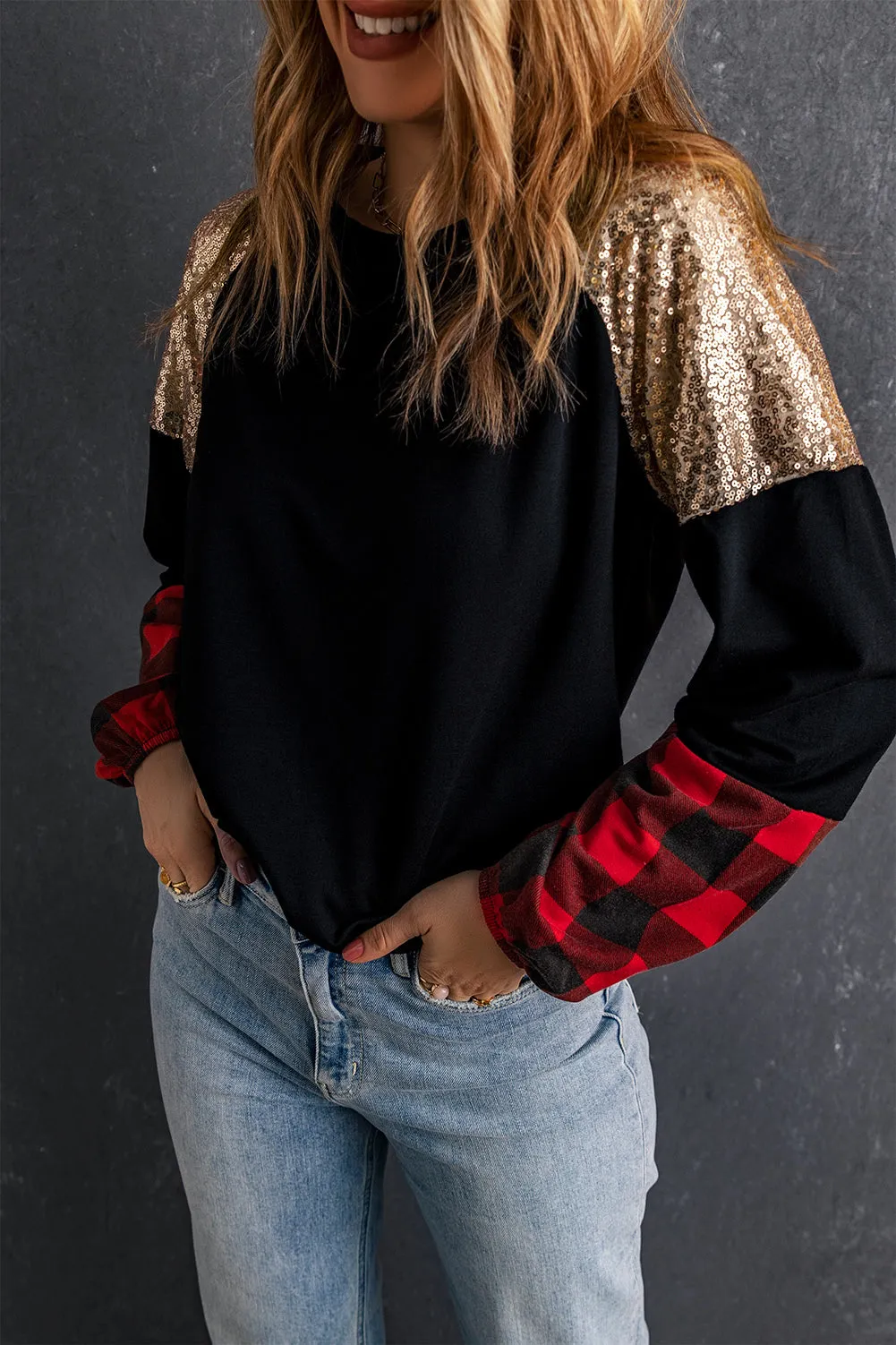 Black Crewneck Lantern Sleeve Plaid Sequin Splicing Blouse