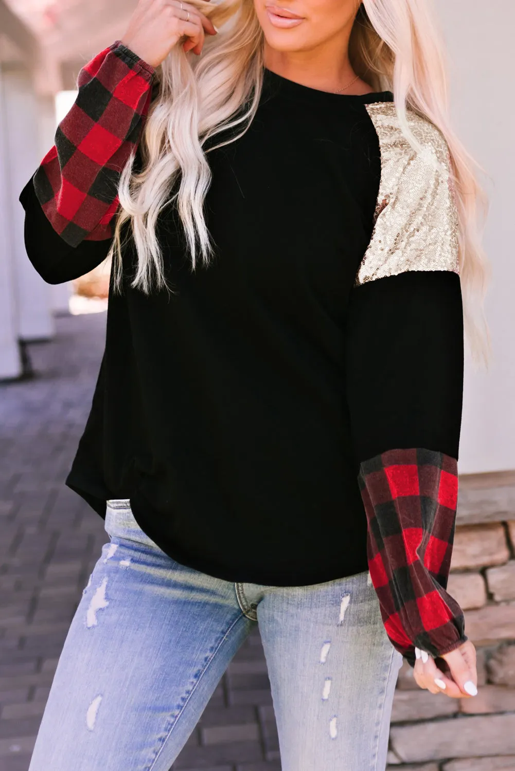 Black Crewneck Lantern Sleeve Plaid Sequin Splicing Blouse