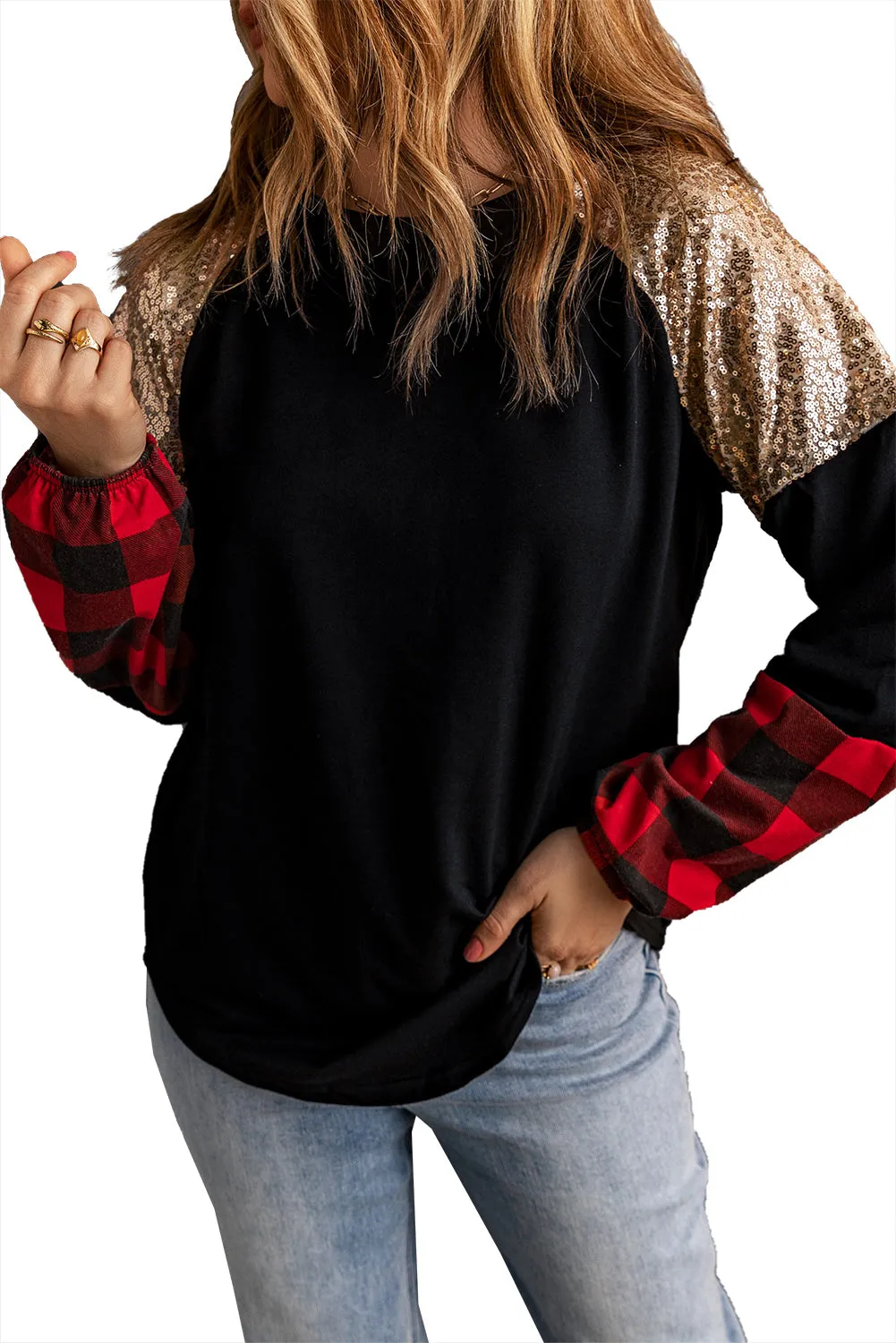 Black Crewneck Lantern Sleeve Plaid Sequin Splicing Blouse