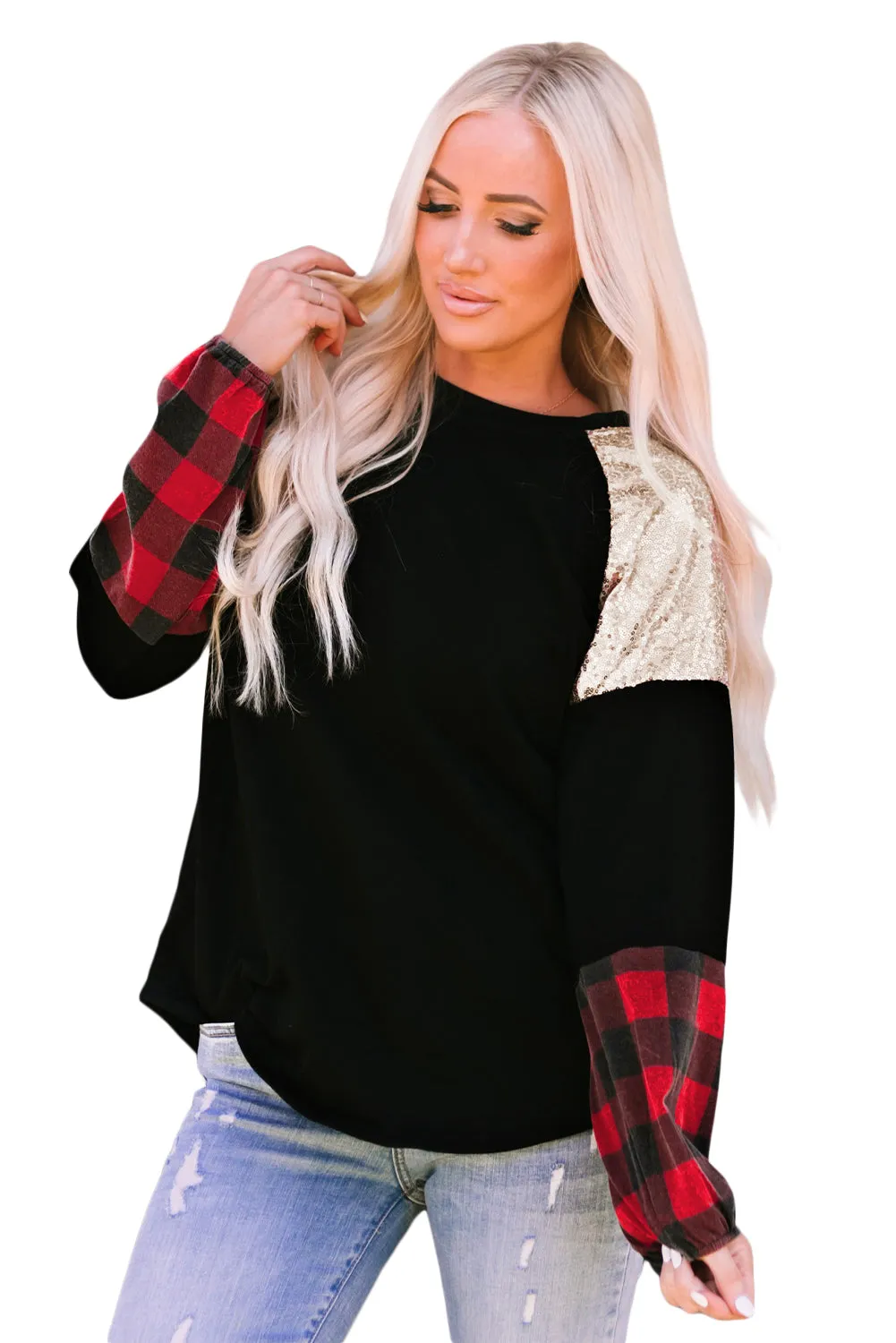Black Crewneck Lantern Sleeve Plaid Sequin Splicing Blouse
