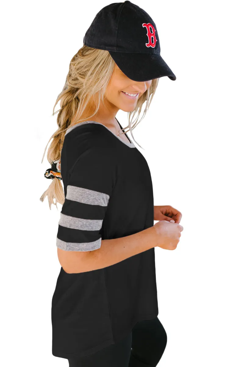 Black Varsity V Neck Baseball Tee