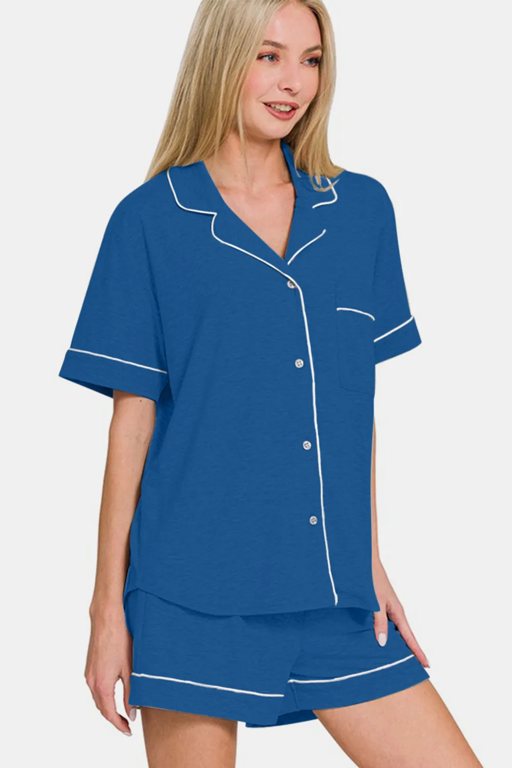 Blue Button Down Short Sleeve Top and Shorts Lounge Set