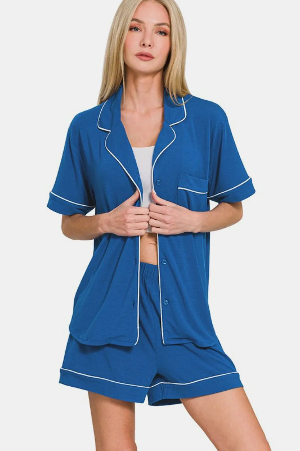 Blue Button Down Short Sleeve Top and Shorts Lounge Set