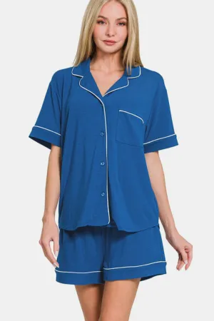 Blue Button Down Short Sleeve Top and Shorts Lounge Set