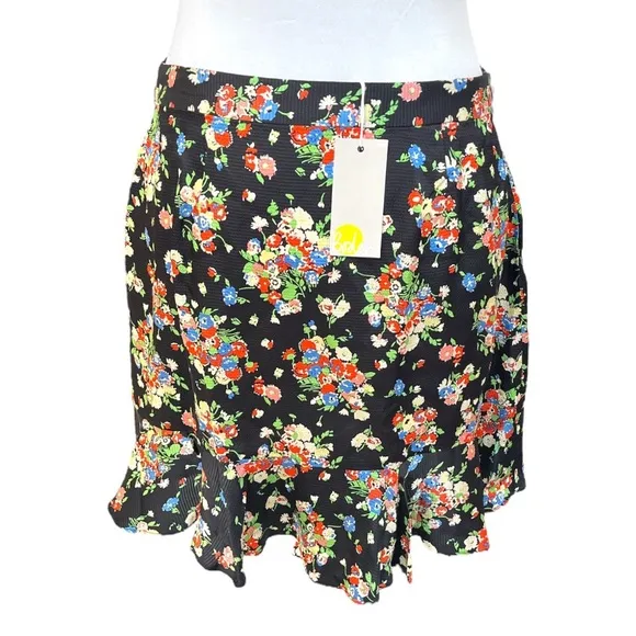 Boden Wild Flowers Ruffle Mini Skirt Black Mutli Color Size 8