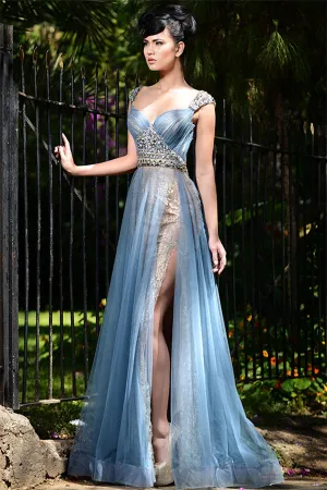 Chic Long Blue Formal Evening Dresses Tulle Crystal Chic Slit Prom Dresses