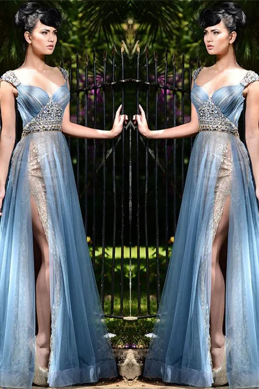Chic Long Blue Formal Evening Dresses Tulle Crystal Chic Slit Prom Dresses