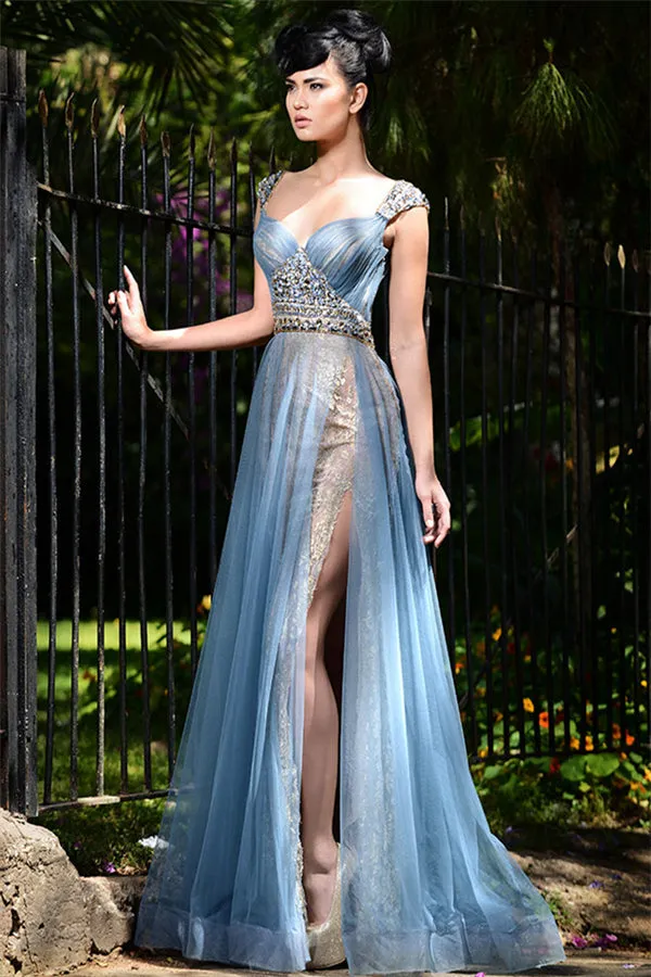 Chic Long Blue Formal Evening Dresses Tulle Crystal Chic Slit Prom Dresses