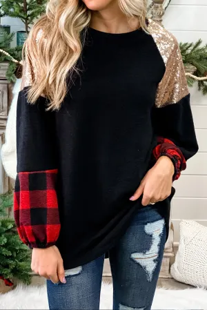 Crewneck Lantern Sleeve Plaid Sequin Splicing Pullover Sweatshirt