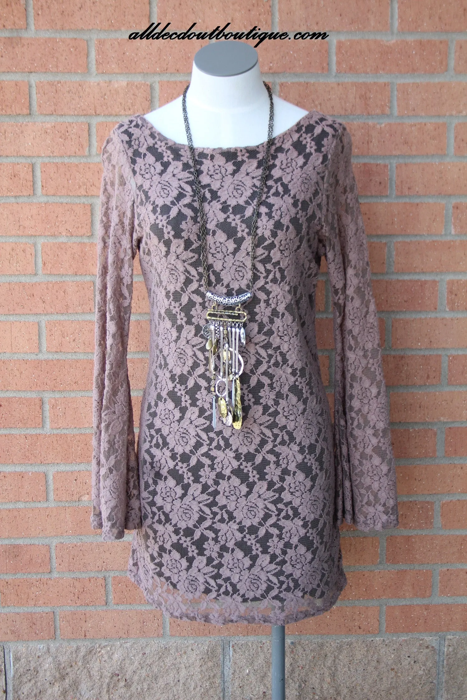 Elan High Neck Low Back Lace Dress Truffle