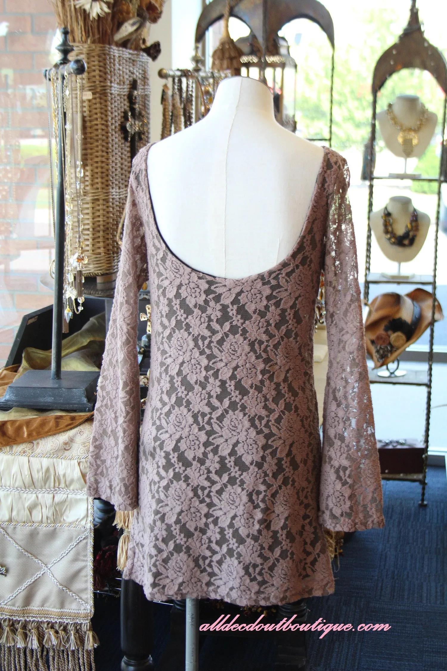 Elan High Neck Low Back Lace Dress Truffle