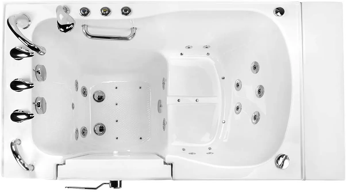 Ella's Bubbles OA3252DH-HB-L Monaco Air and Hydro Massage Acrylic Walk-In Bathtub with Heated Seat, Left Outward Swing Door, Ella 5pc. Fast-Fill Faucet Set, Dual 2" Drains, 32" x 52" x 43", White