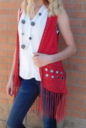 Firmiana | Vest with Metal Rings and Leather Fringe Red