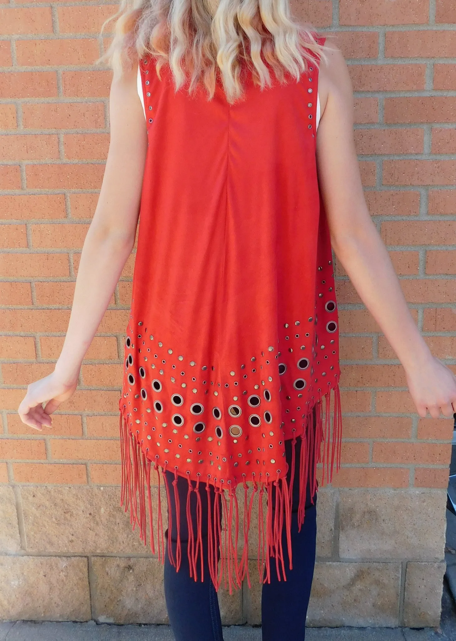 Firmiana | Vest with Metal Rings and Leather Fringe Red