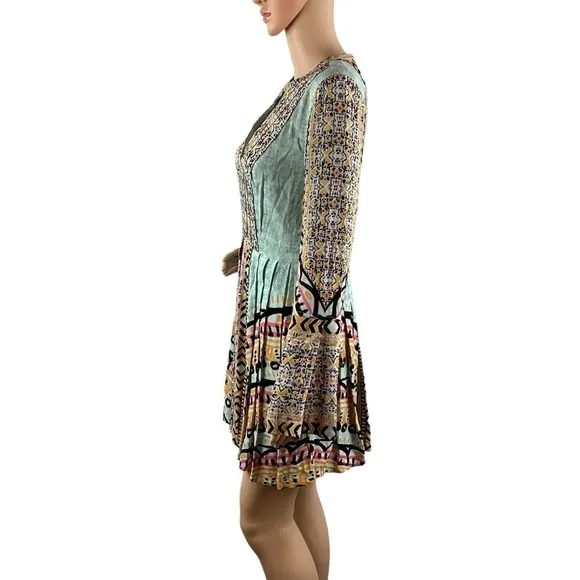 Free People Tegan Border Printed Mini Dress Size 2 Blue Combo