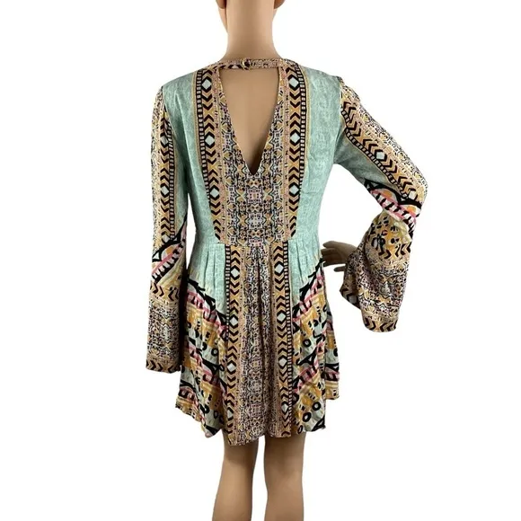 Free People Tegan Border Printed Mini Dress Size 2 Blue Combo