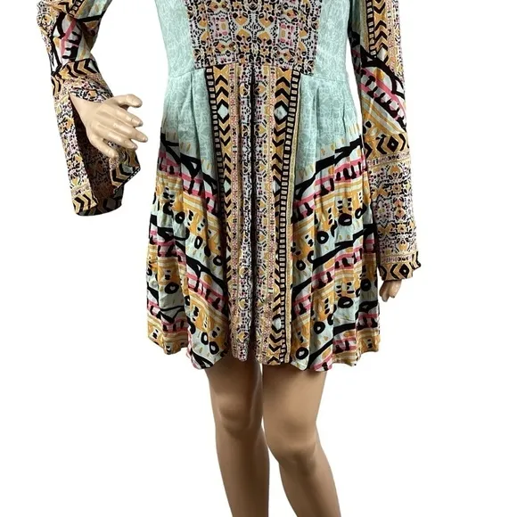 Free People Tegan Border Printed Mini Dress Size 2 Blue Combo