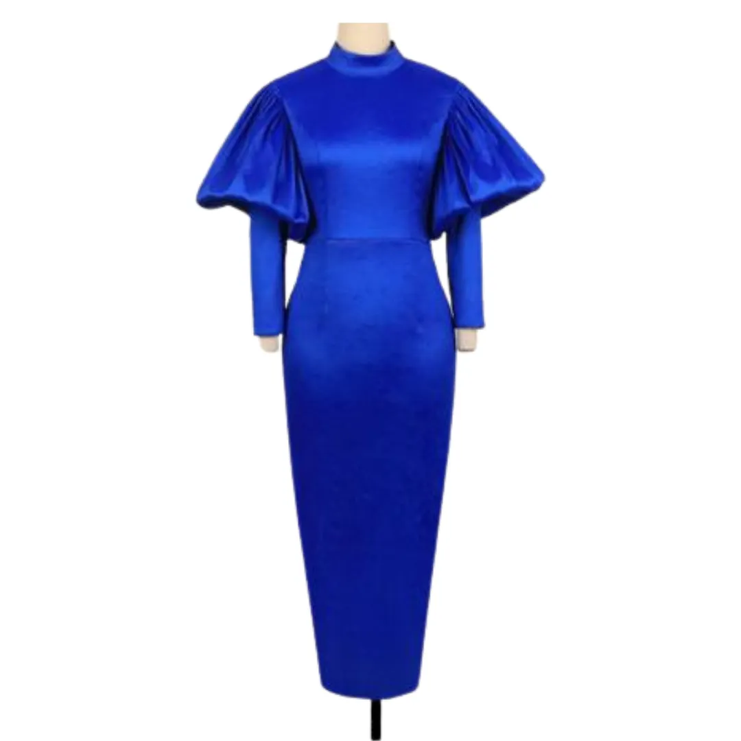 Green Round Neck Puff Sleeve High Waisted Midi Dress