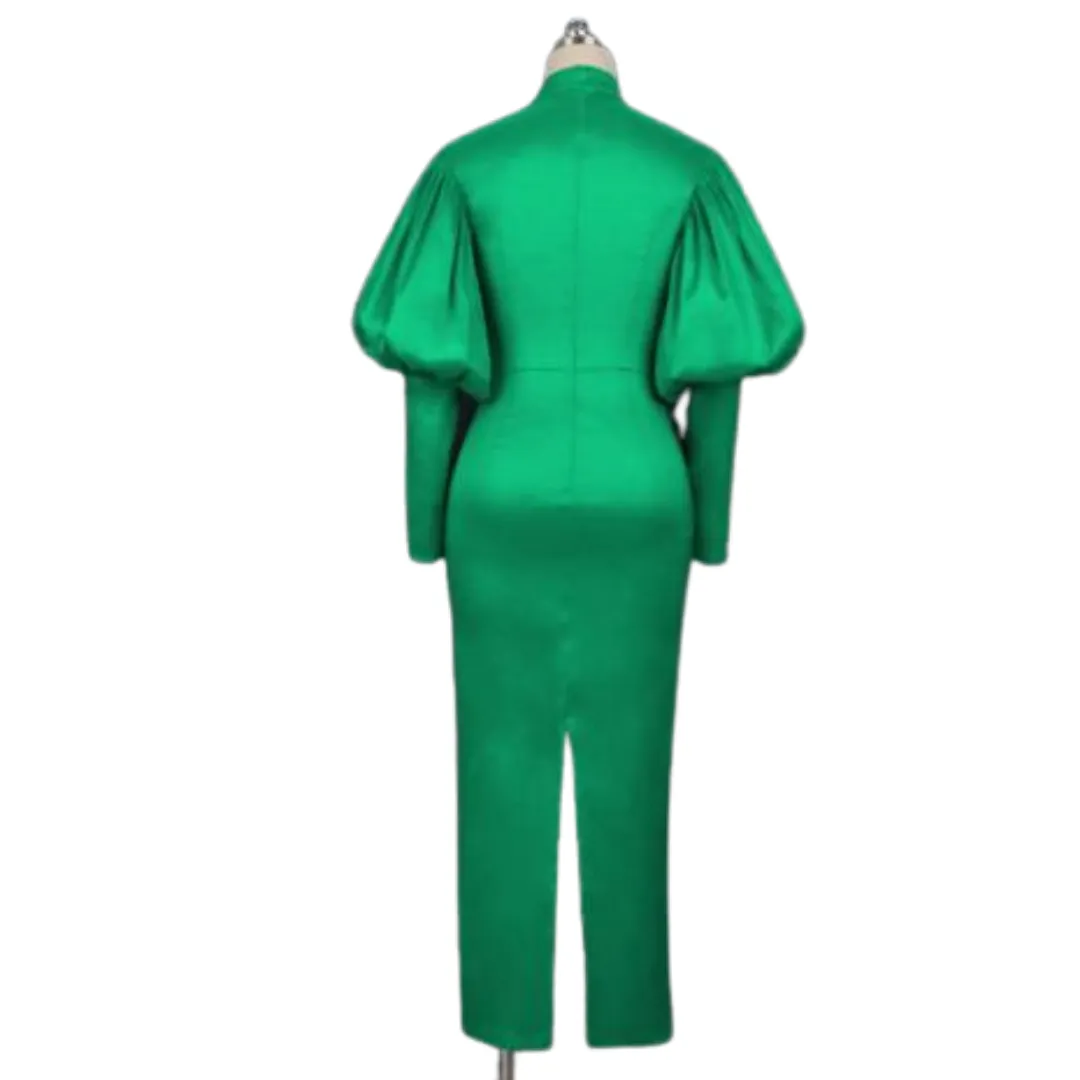 Green Round Neck Puff Sleeve High Waisted Midi Dress