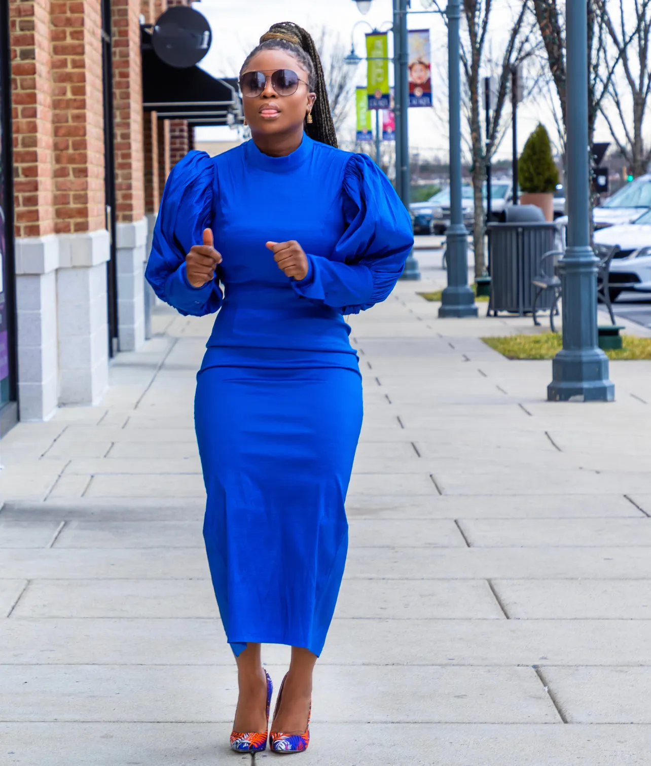 Green Round Neck Puff Sleeve High Waisted Midi Dress