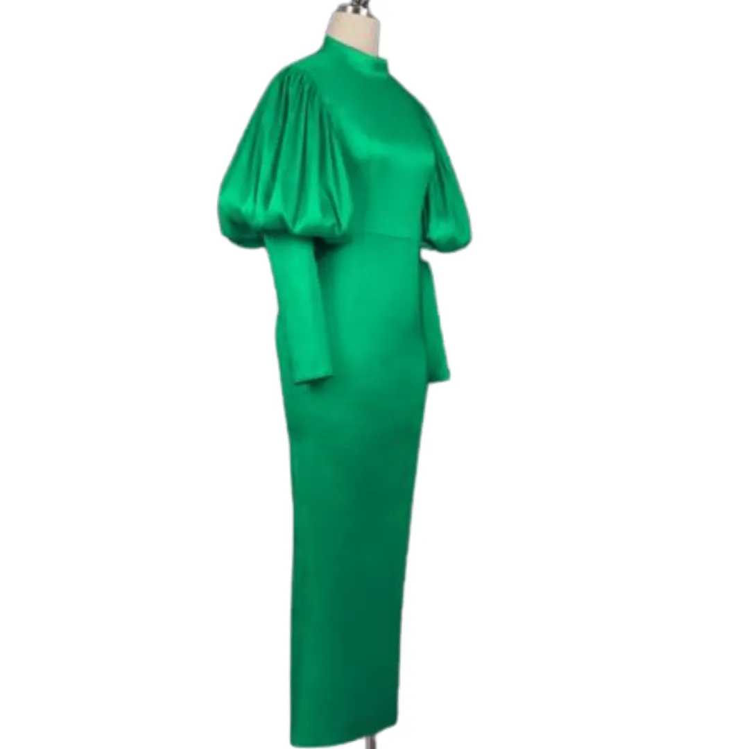 Green Round Neck Puff Sleeve High Waisted Midi Dress
