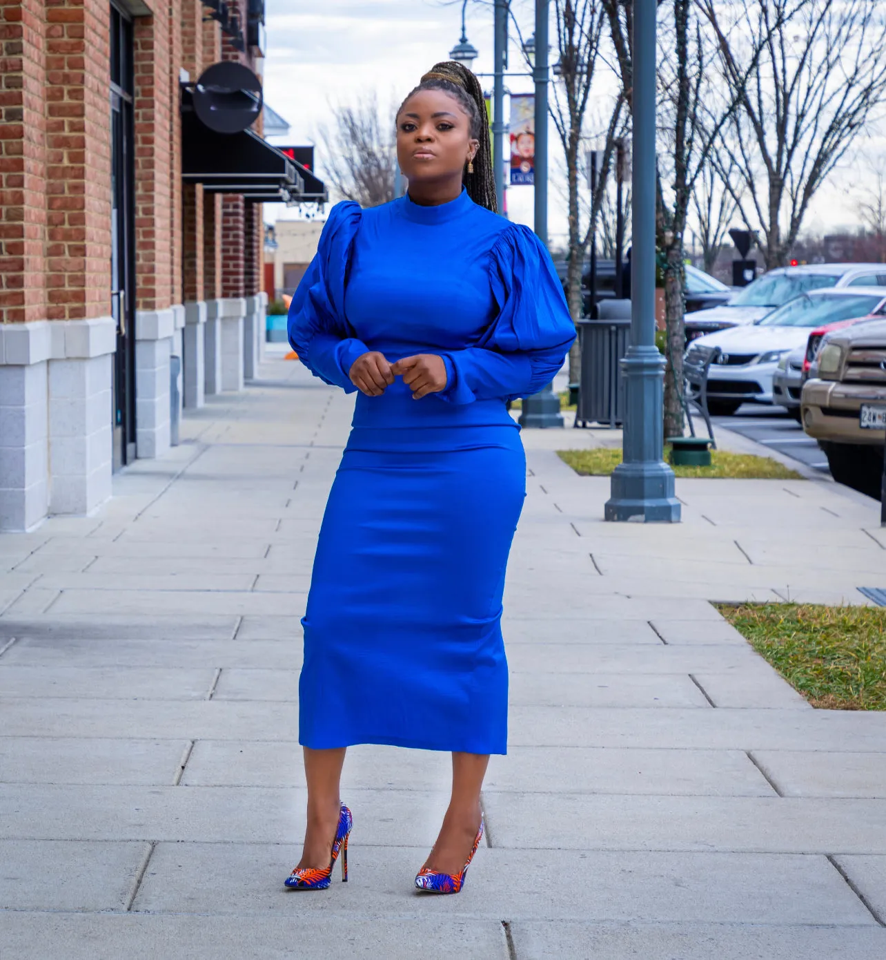 Green Round Neck Puff Sleeve High Waisted Midi Dress