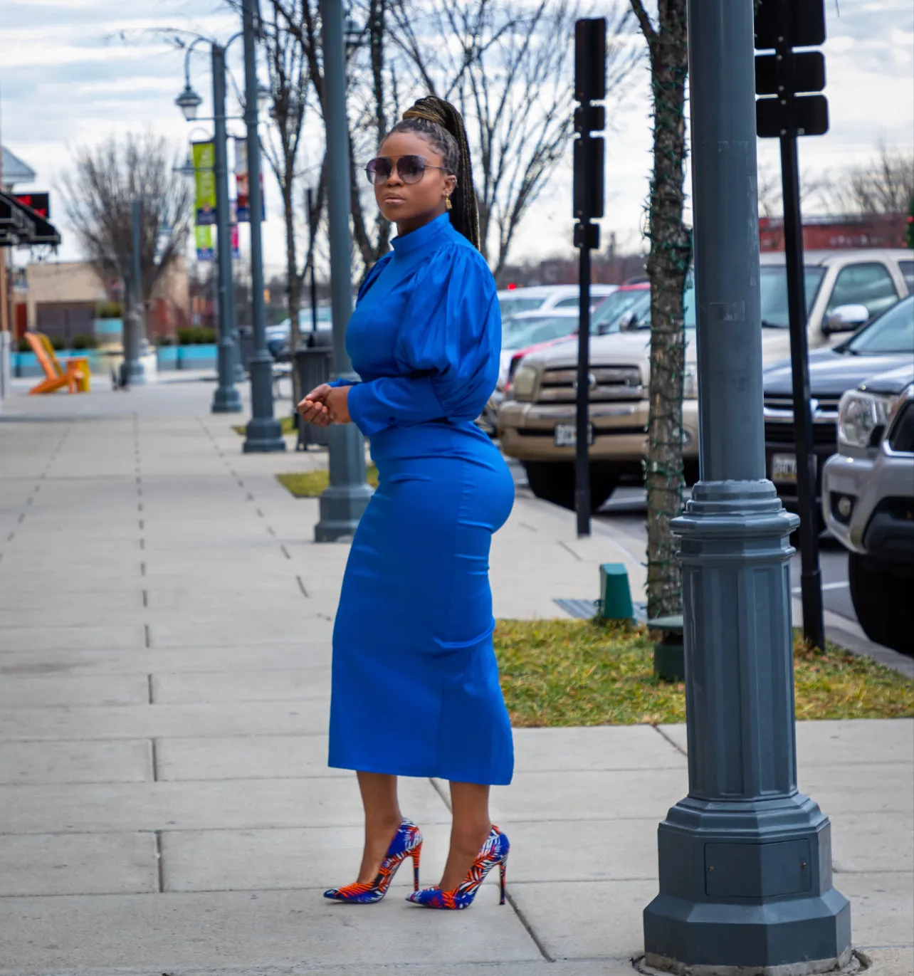 Green Round Neck Puff Sleeve High Waisted Midi Dress