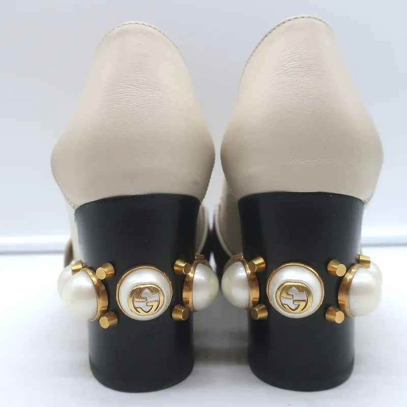 Gucci Peyton GG Marmont Pearl-Heel Loafer Pumps Cream Leather Size 36
