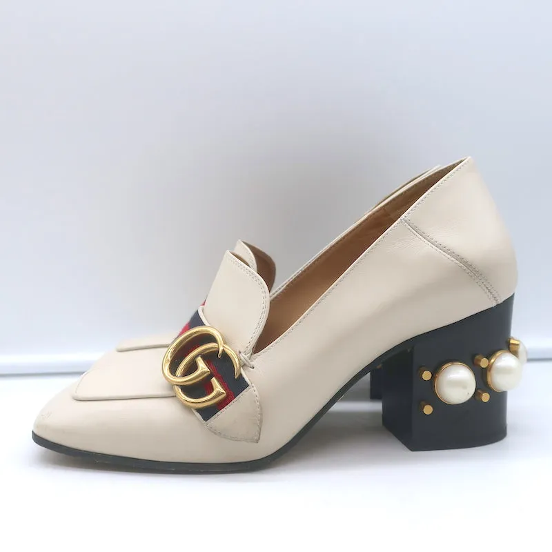 Gucci Peyton GG Marmont Pearl-Heel Loafer Pumps Cream Leather Size 36