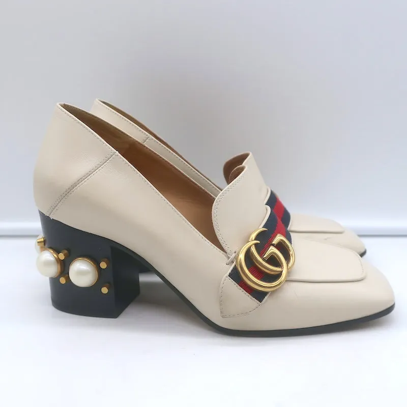 Gucci Peyton GG Marmont Pearl-Heel Loafer Pumps Cream Leather Size 36