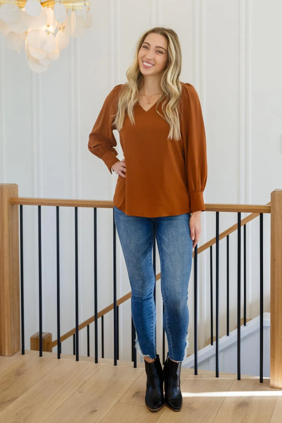 Hazel Blues® | Enjoy This Moment V Neck Blouse In Toffee