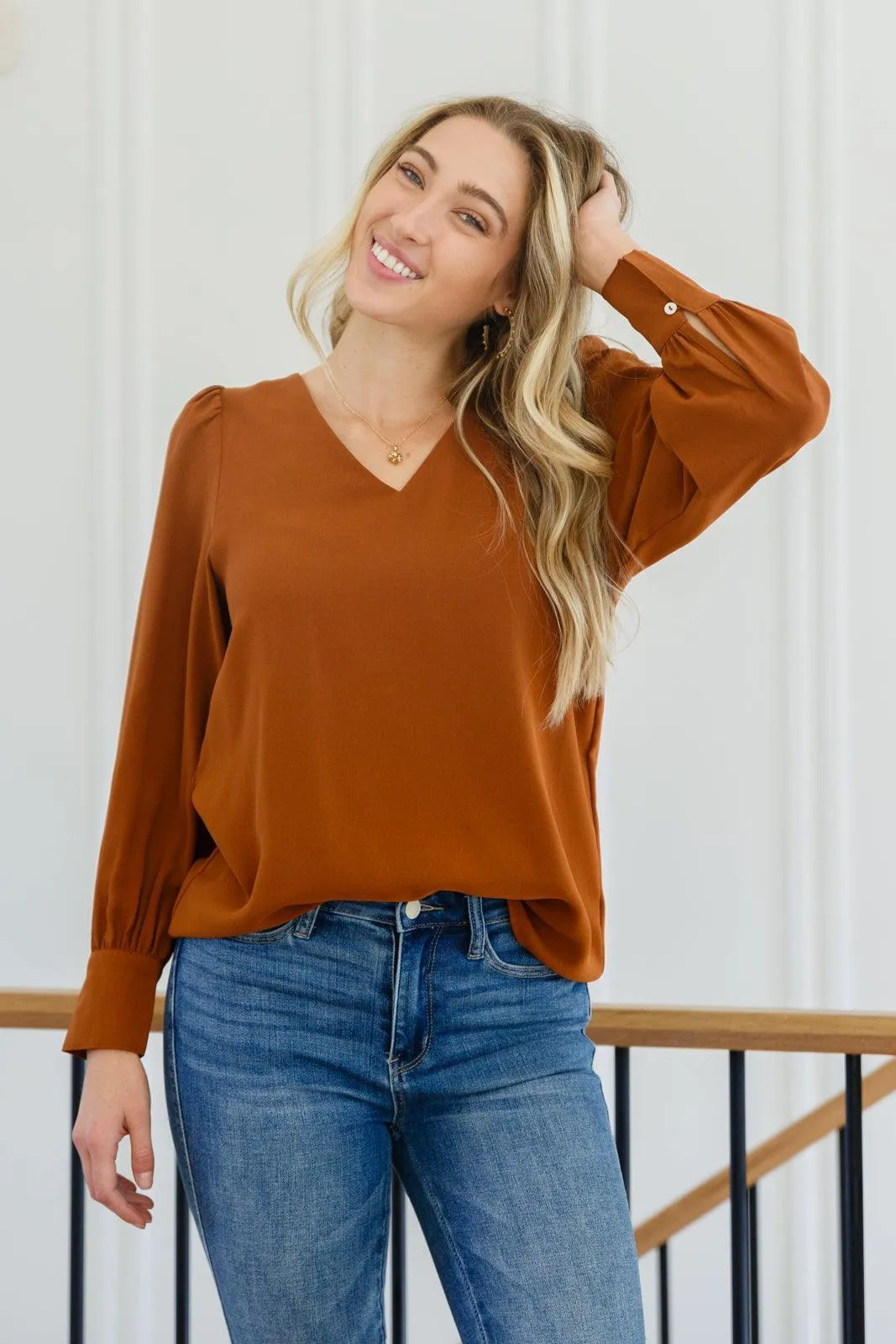 Hazel Blues® | Enjoy This Moment V Neck Blouse In Toffee