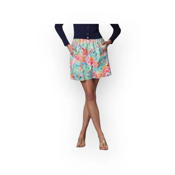 HTF: new Lilly Pulitzer 𑁍 Peel   Eat Flamingo Print Mini Skirt 𑁍 Teal Pink XS