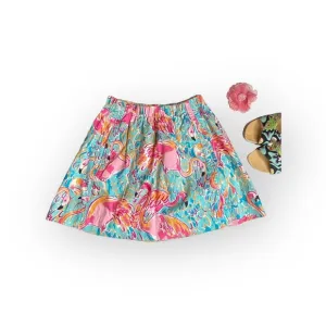 HTF: new Lilly Pulitzer 𑁍 Peel   Eat Flamingo Print Mini Skirt 𑁍 Teal Pink XS