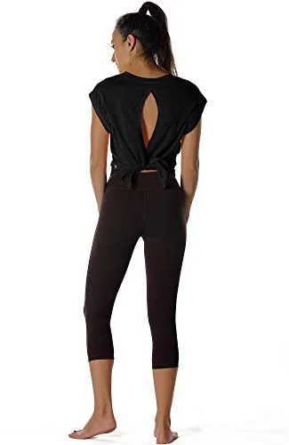 icyzone Open Back Workout Top Shirts - Yoga t-Shirts Activewear Exercise Tops for Women (L, Black)