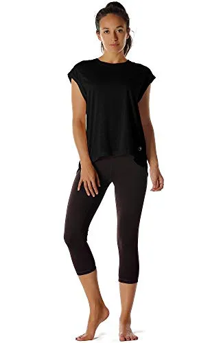 icyzone Open Back Workout Top Shirts - Yoga t-Shirts Activewear Exercise Tops for Women (L, Black)