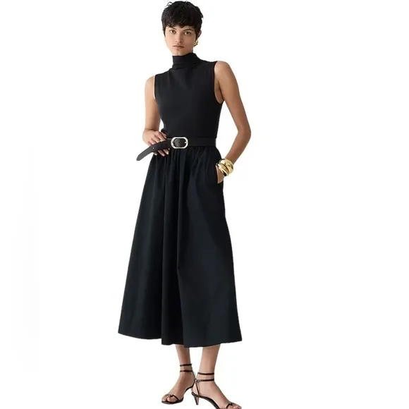 J. Crew Fitted Knit Mock Neck Dress with Poplin Skirt in Black Size Small