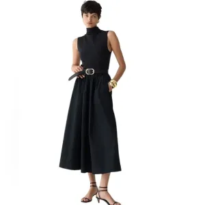J. Crew Fitted Knit Mock Neck Dress with Poplin Skirt in Black Size Small