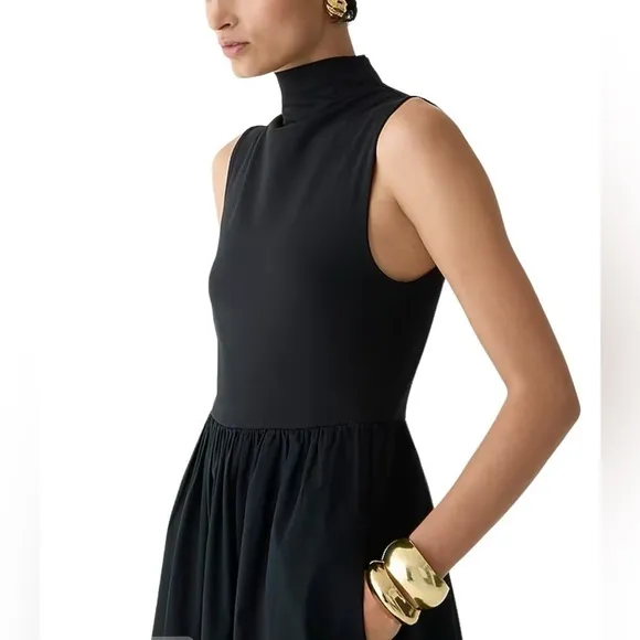 J. Crew Fitted Knit Mock Neck Dress with Poplin Skirt in Black Size Small