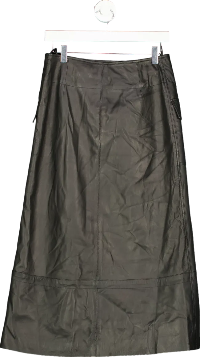 Karen Millen Black Leather Utility Pocket A-Line Zip Through Midi Skirt UK 10