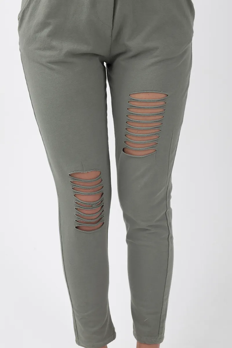 Khaki Bardot Distressed Jumpsuit - Bethan