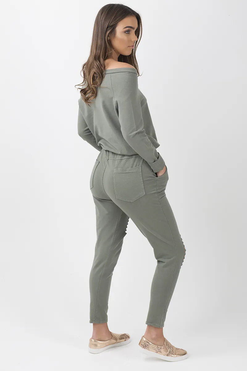 Khaki Bardot Distressed Jumpsuit - Bethan