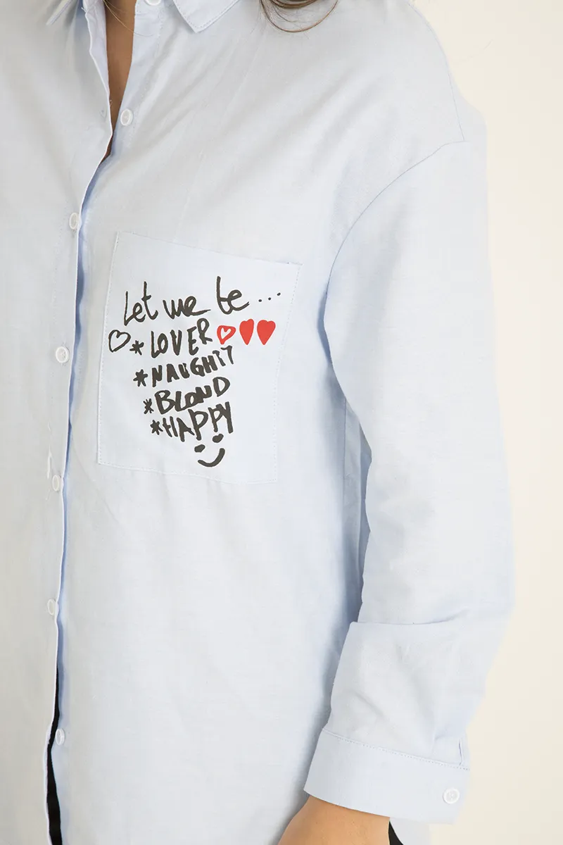Light Blue Slogan Writing Oversized Shirt - Layla