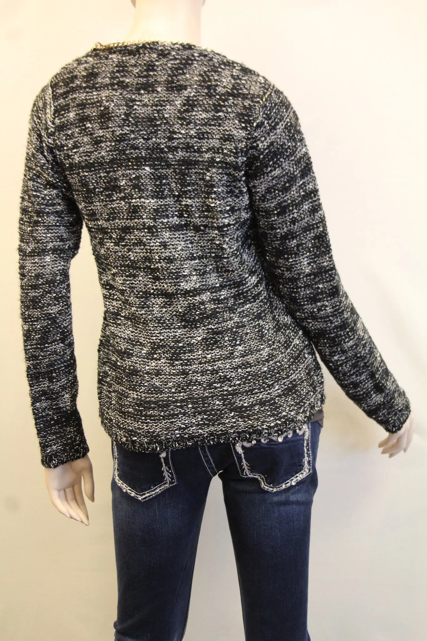Lily | Two-Tone Sweater Cardigan with Gold Chain Trimming Black