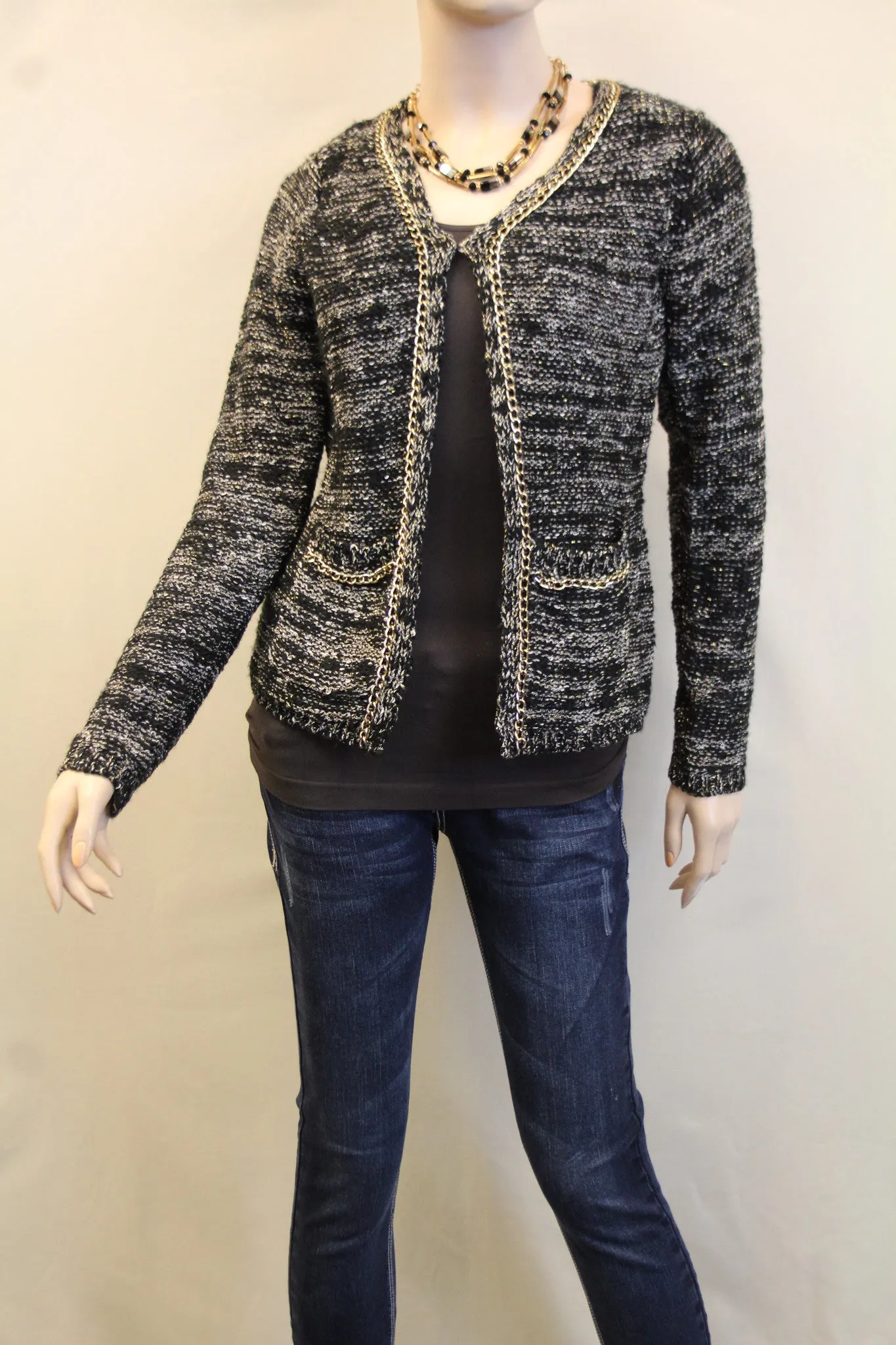 Lily | Two-Tone Sweater Cardigan with Gold Chain Trimming Black